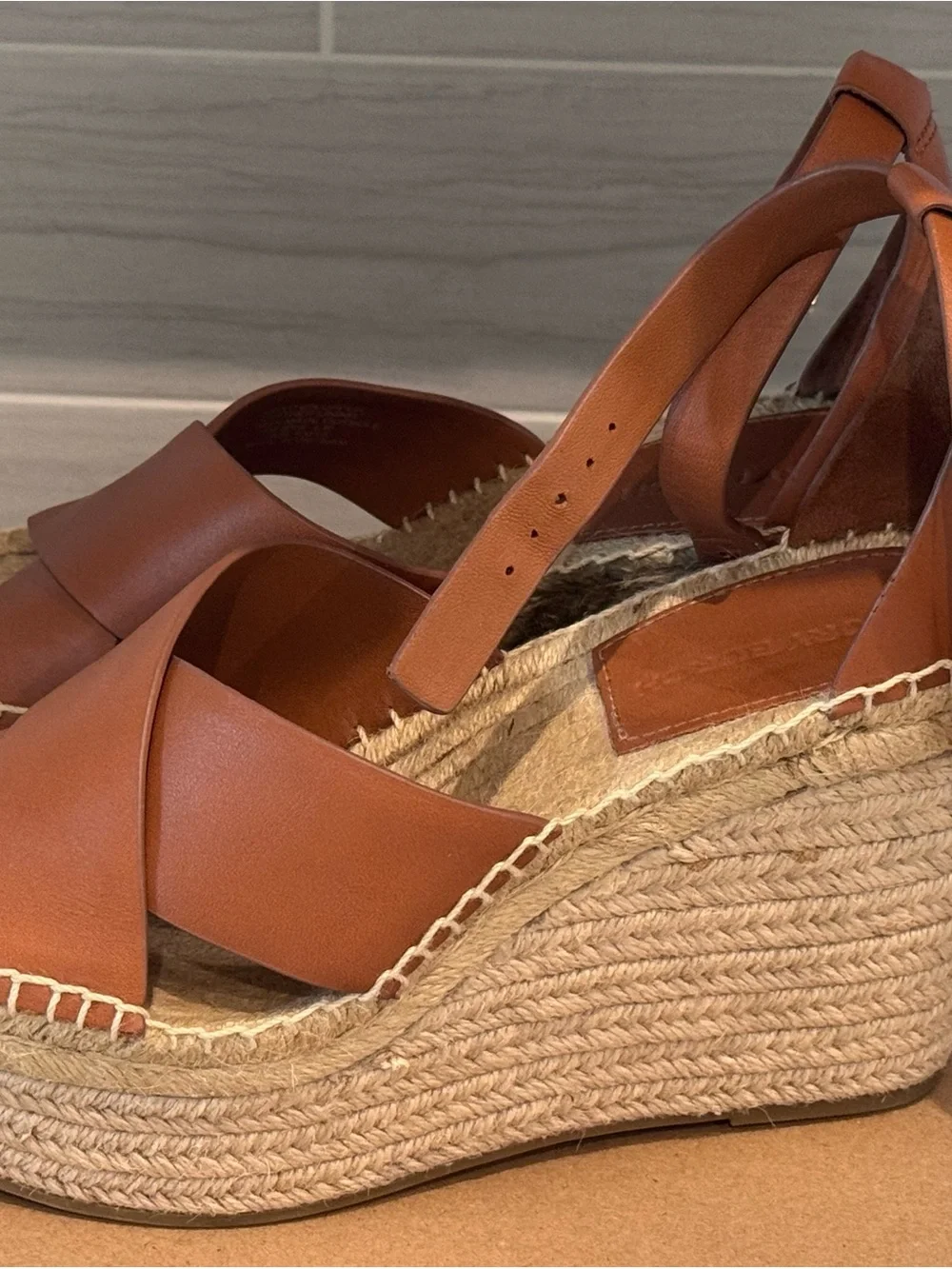 Tory Burch Tan Leather Espadrille Wedge Sandals